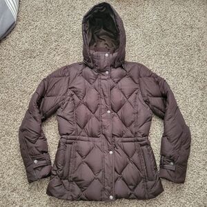 Lands End Coat Puffer Jacket Down Feathers Faux Fur Brown Size Small 6 8